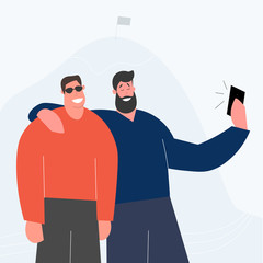 Two happy friend take a joint photo.  
Tourist impressions. Cartoon vector illustration