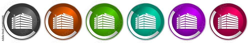 Poster Hospital building icon set, silver metallic chrome border vector web buttons in 6 colors options for webdesign