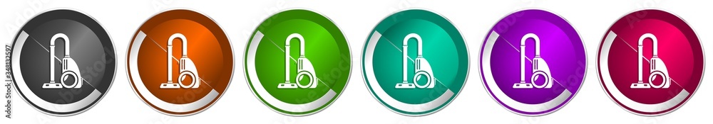 Poster vacuum cleaner icon set, silver metallic chrome border vector web buttons in 6 colors options for we