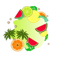 Summer background - qi slices of coward fruit and watermelon with palm trees and tropical leaves. Vector template gradient style. Juicy slices of orange and lemon and a delicious slice of watermelon.