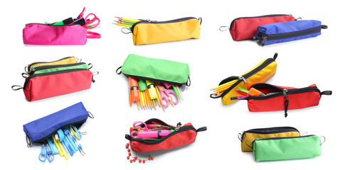 Pencil bags with stationery on white background