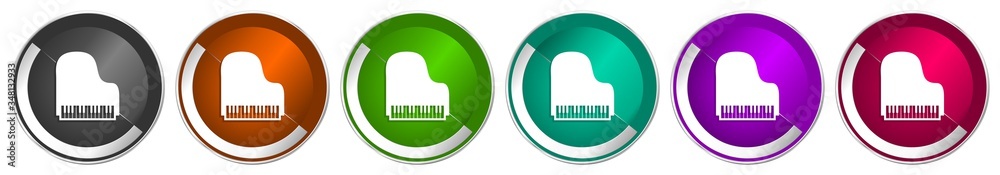 Poster piano icon set, music silver metallic chrome border vector web buttons in 6 colors options for webde