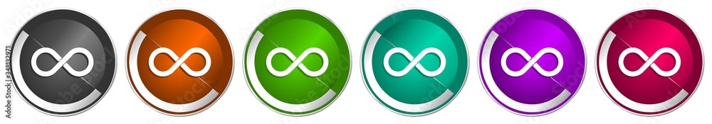 Leinwandbilder Infinity icon set, eternity, infinite, endless, loop silver metallic chrome border vector web buttons in 6 colors options for webdesign