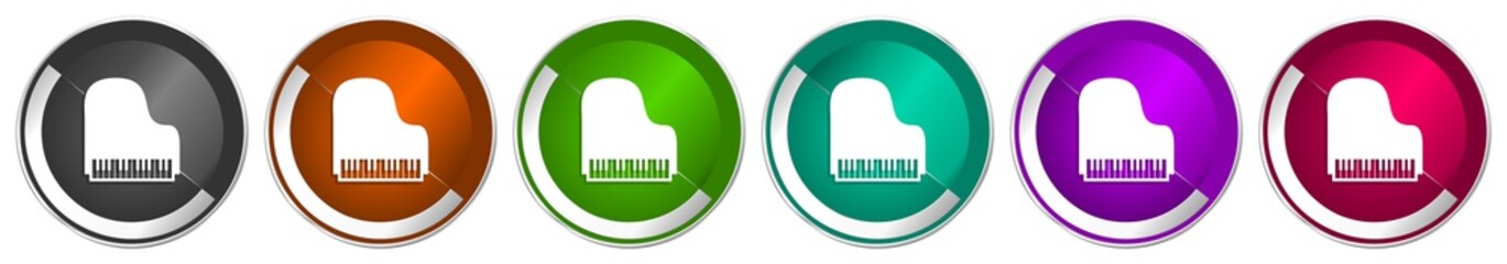 Piano icon set, music silver metallic chrome border vector web buttons in 6 colors options for webdesign