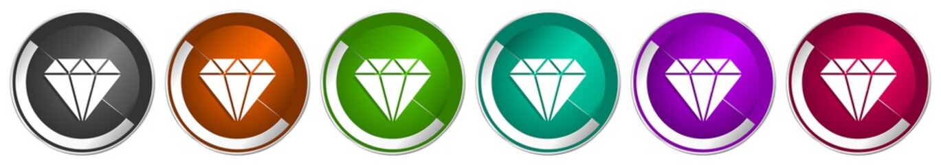 Diamond jewel icon set, brilliant, treasure silver metallic chrome border vector web buttons in 6 colors options for webdesign