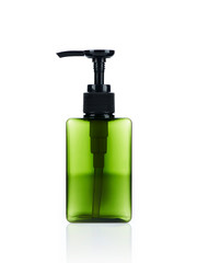 Empty plastic green bottle with pump side view