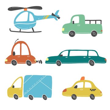 Set of cartoon cute kids and toy style cars and other transport, truck, taxi, fire truck, ship, excavator, bus, air balloon. Isolated vector illustration.
