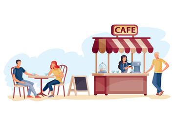 in a cafe on the street, a man and a woman are sitting at a table, the seller is standing at the checkout and giving a check to another man, vector illustration,