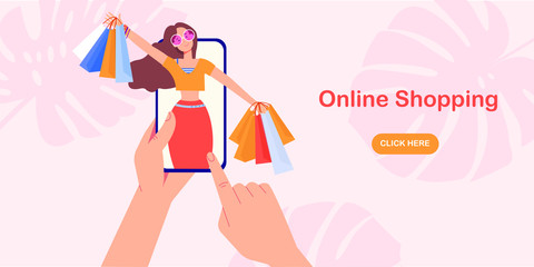 Hands holding smartphone with a girl with shopping bag. Concept of online shopping, summer discounts.