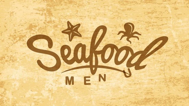 creative seafood brand sign for cooking business with small starfish and octopus graphics over old paper background
