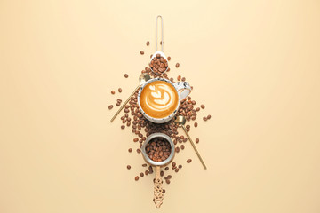 Cup of tasty cappuccino and coffee beans on color background