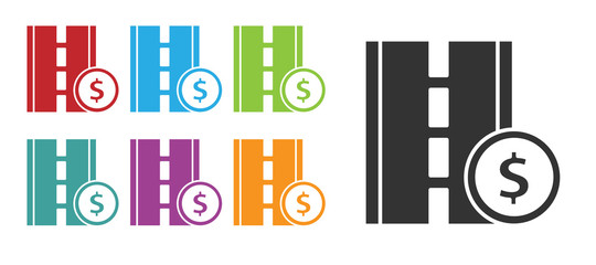 Black Toll road traffic sign. Signpost icon isolated on white background. Pointer symbol. Street information sign. Direction sign. Set icons colorful. Vector