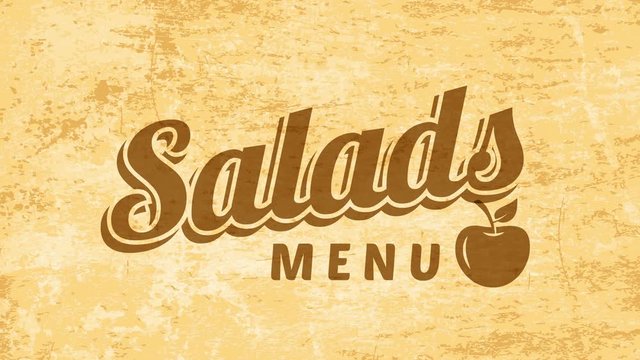 salads cover art for veggie organic food restaurant with 50s style lettering over overused paper background