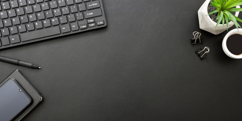 Office desk table with supplies. Flat lay Business workplace and objects. Top view. Copy space for...