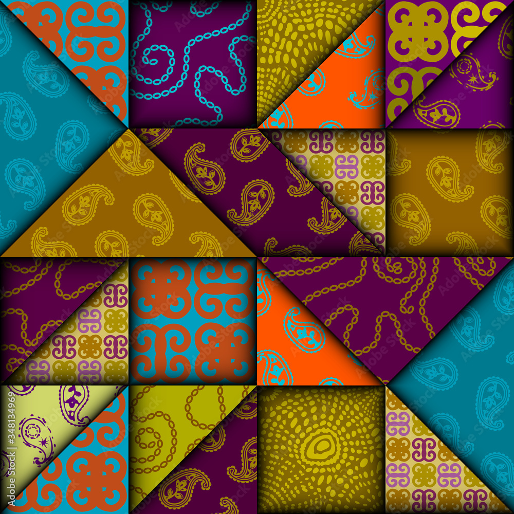 Leinwandbilder Paper cut shapes design pattern. Seamless vector geometric pattern. Patchwork block layered style.