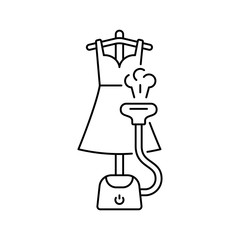 Vertical steamer ironing woman's dress with hot air. Line art illustration of electric laundry equipment. Floor steam generator, flexible hose, hanger, nozzle. Contour isolated vector pictogram