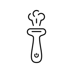 Handheld steamer with steam jet. Line art illustration of electric portable device for travel. Powerful garment steamer emblem. Contour isolated vector pictogram on white background © akininam