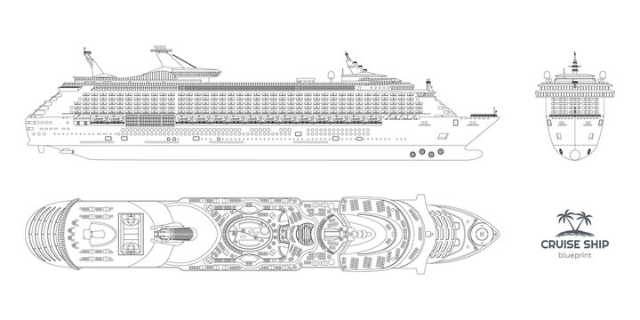 Outline blueprint of cruise ship. Side, top and front views. Contour isolated liner. Detailed drawing of modern marine vessel. Sea travel transpotation