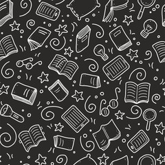 Hand drawn seamless pattern of book doodle elements, education symbols. Vector illustration for book store, reading club, learning, library wallpaper, texture concept design. Doodle sketch style.