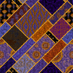 Imitation of indian patchwork pattern with canvas textures. Vector seamless image.