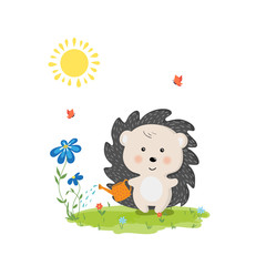 Vector illustration of cartoon style with cute hedgehog watering flowers .