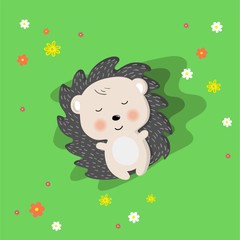 Vector illustration of cartoon style cute hedgehog lying on the grass basking in the sun. Children s picture. Print for clothes, dishes etc.