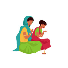 Indian woman praying flat color vector faceless character. Senior woman and young girl light candle. Teej festival isolated cartoon illustration for web graphic design and animation