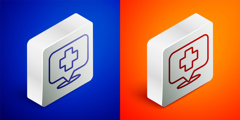 Isometric line Medical map pointer with cross hospital icon isolated on blue and orange background. Silver square button. Vector