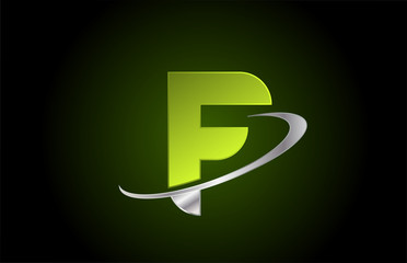 F green metallic alphabet letter logo icon for company and business with grey swoosh design