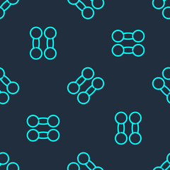 Green line Dumbbell icon isolated seamless pattern on blue background. Muscle lifting icon, fitness barbell, gym, sports equipment, exercise bumbbell. Vector