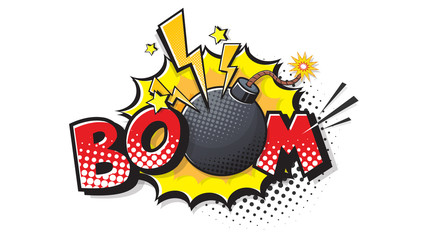 Boom expression text. Bomb bubble in pop art style. Comic Raster illustration of a bright and dynamic cartoonish dynamite image in retro style isolated on white background