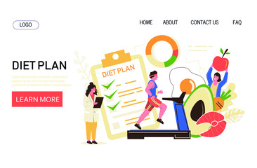 Nutrition diet, weight-loss diet vector concet. The nutritionist controls the diet plan and the athlete runs on a treadmill.