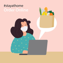 Online food delivery. Woman wearing face mask. Coronavirus epidemic preventive measures, self isolation