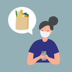 Online food delivery. Woman wearing face mask. Coronavirus epidemic preventive measures, self isolation