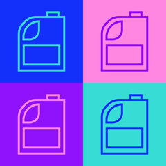 Pop art line Canister for motor machine oil icon isolated on color background. Oil gallon. Oil change service and repair. Engine oil sign. Vector