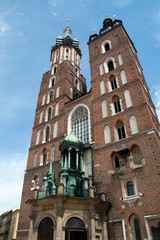 Fototapeta na wymiar Krakow Poland, view of the facade of St Mary's Basilica facing the main market square