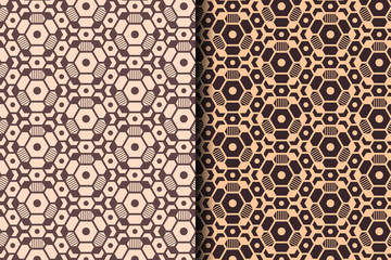 set of Seamless hexagon and circle soft and dark brown pattern with stripes pattern vector. 