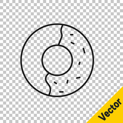 Black line Donut with sweet glaze icon isolated on transparent background. Vector