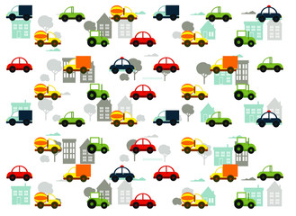 Fototapeta premium children's cartoon city with cars, houses and trees. vector flat illustration
