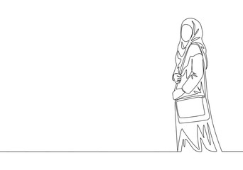 One continuous line drawing of young pretty muslimah on Islamic cloth carrying purse to hangout. Beauty Asian woman model in trendy hijab fashion concept single line draw design vector illustration