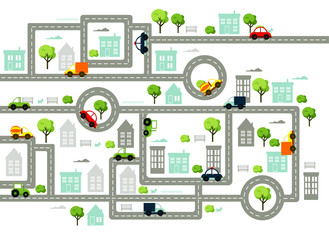 Baby City map with roads, transport, trees and houses. Flat vector illustration. 