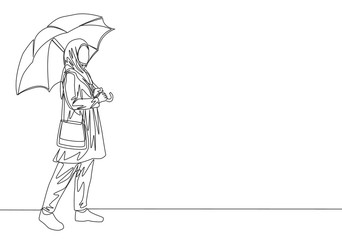 Single continuous line drawing of young cute muslimah with arabic veil carrying umbrella and pocket bag. Beautiful Asian woman in trendy hijab fashion concept one line draw design vector illustration
