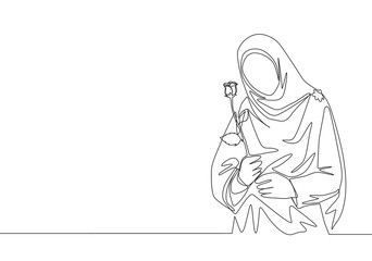 Single continuous line drawing of young happy cute muslimah with headscarf holding a flower rose. Beauty Asian woman model in trendy hijab fashion concept one line draw design vector illustration