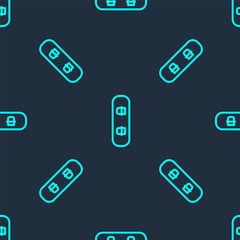 Green line Snowboard icon isolated seamless pattern on blue background. Snowboarding board icon. Extreme sport. Sport equipment. Vector