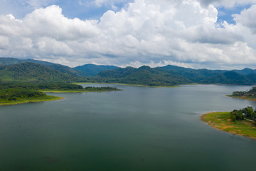 Beautiful scenery of dam with mountain and lake view at Thailand, Asia.