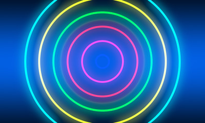 Abstract colorful neon light circles background.