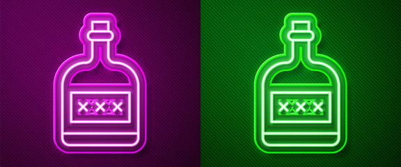 Glowing neon line Alcohol drink Rum bottle icon isolated on purple and green background. Vector