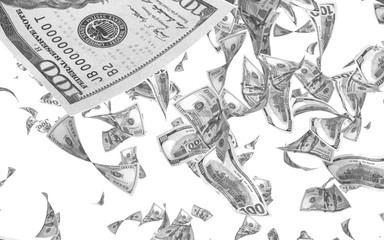 Flying dollars banknotes isolated on white background. Money is flying in the air. 100 US banknotes new sample. Black and white style. 3D illustration
