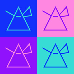 Pop art line Light rays in prism icon isolated on color background. Ray rainbow spectrum dispersion optical effect in glass prism. Vector