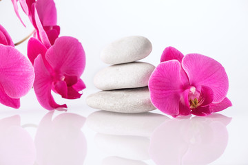 Wellness, relax, massage and wellbeing concept. Spa stones and orchid flower over white background